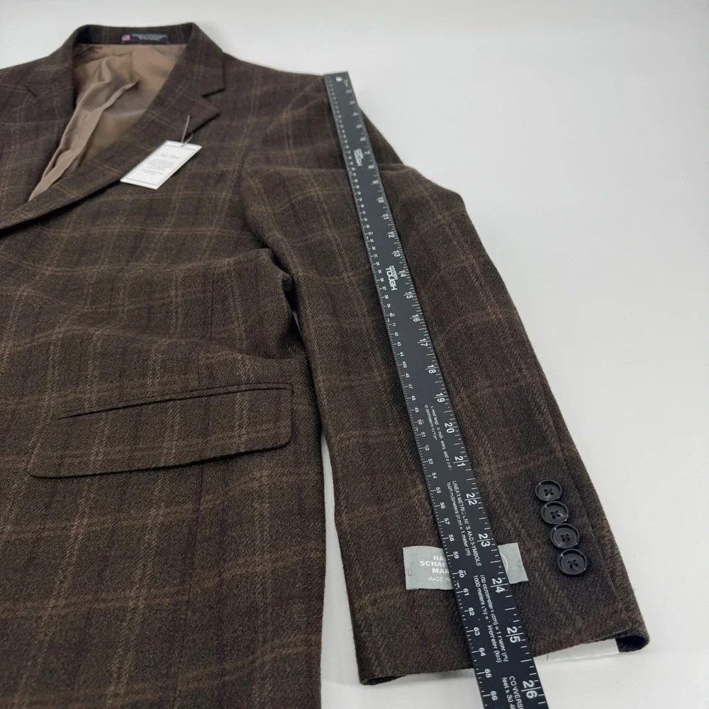 Hart Schaffner Marx Mens 46R Brown Plaid 100% Worsted Wool Blazer Sport Coat USA